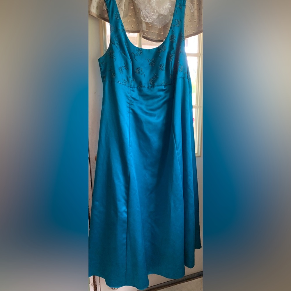 Teal Formal Dress with Floral Beaded Bodice